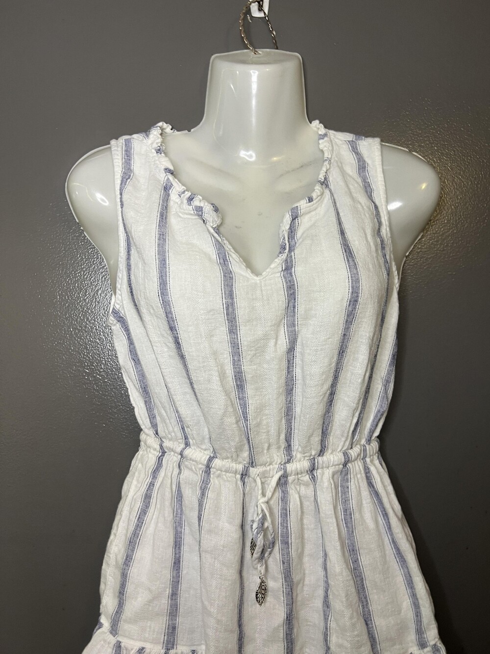 Blue Island Dress Womens XS White Striped Ruffle Hem Drawstring Waist Sundress